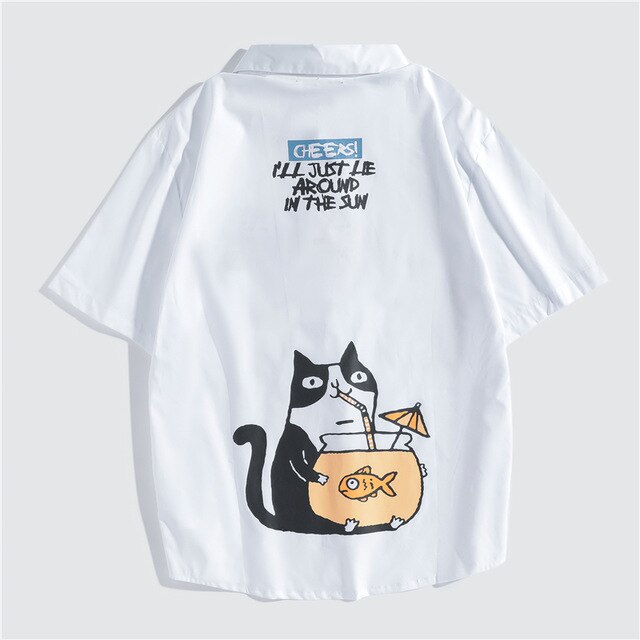 Japanese Style Cat Print White Shirts Mens Casual Short Sleeve Shirt Male Fashion Cotton Shirts Tops Clothing-5